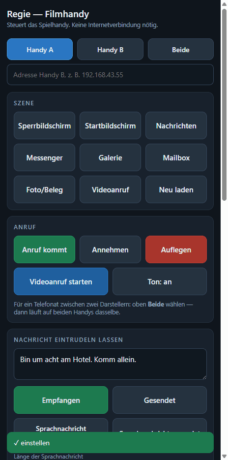 Die Regie-Fernbedienung im Browser: Auswahl zwischen Handy A, Handy B und Beide, darunter Schaltflächen für Szene, Anruf und Nachrichten